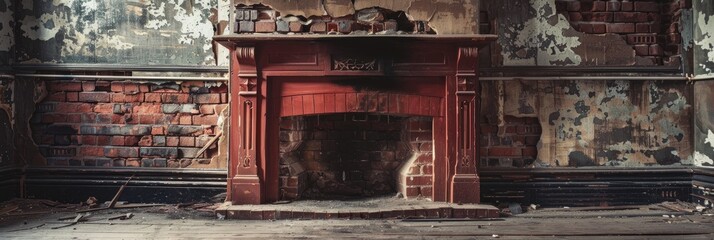Empty red brick mantelpiece set against a fireplace wall in an unoccupied environment