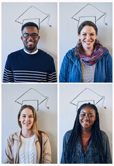 People, board and drawing of graduation cap at college in portrait for collage, pride or education....