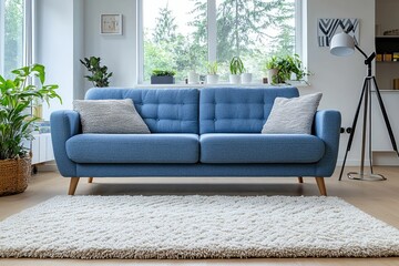 Cozy living room with a blue sofa and plants.
