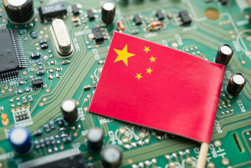 Chinese flag on green circuit board background. US vs China chip war or tech war, microchip...