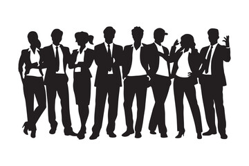 Vector silhouettes of men and women, a group of standing business people, black color isolated on a white background