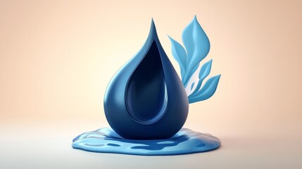 Fototapeta premium Stylized blue water droplet with vibrant leaves, symbolizing nature and purity, ideal for eco-friendly designs and concepts.