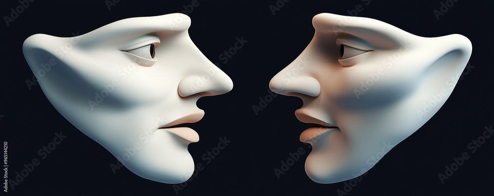 Poster two abstract faces in profile, showcasing unique features, representing duality and expression in a 