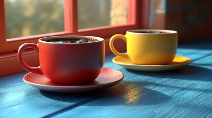 Obraz premium Two colorful coffee cups by a sunny window, create a warm and inviting atmosphere for a cozy moment.