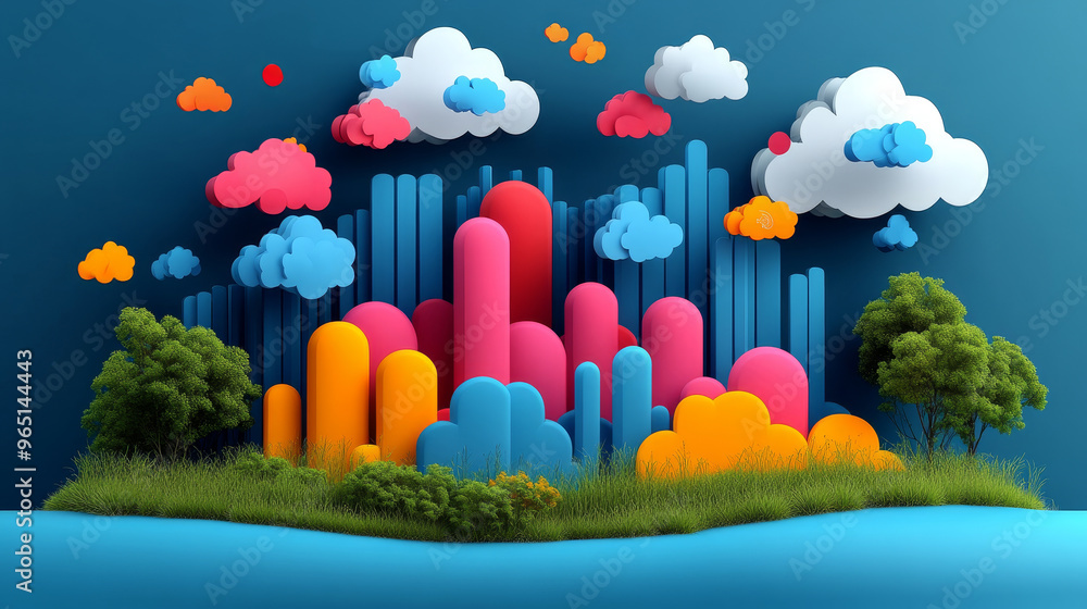 Poster vibrant 3d landscape with colorful shapes, clouds, and greenery, creating a playful and dynamic visu
