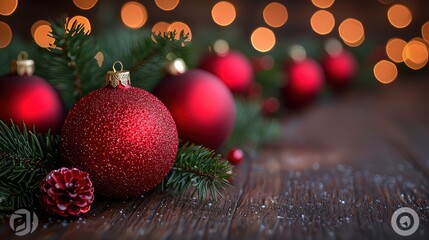 Decorative red Christmas ornaments surrounded by pine branches and cones with soft glowing lights in the background during the holiday season