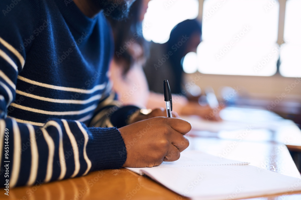Poster Hands, writing and test in classroom at college with people, students and notebook for assessment. Person, exam and quiz with question paper, learning and education with problem solving at university