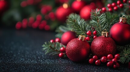 Obraz premium Festive red ornaments and sprigs of evergreen on a dark surface create a joyful holiday atmosphere during the Christmas season