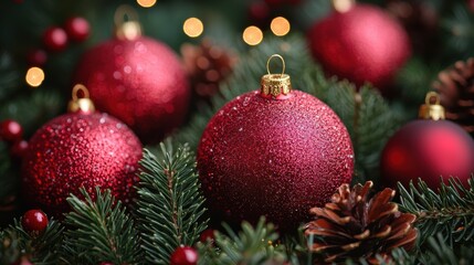 Fototapeta premium Vibrant red Christmas ornaments nestled among evergreen branches and pine cones during the holiday season