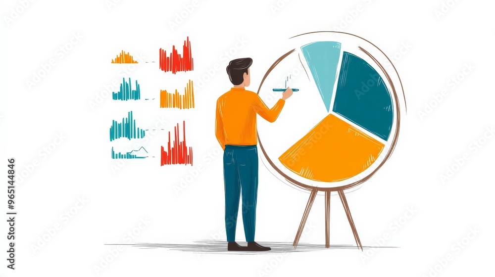 Poster data driven decisions: a man with a paintbrush stands in front of a large pie chart, meticulously ad