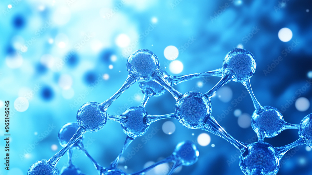 Poster blue molecular structure showcasing connections and interactions of elements in a lab