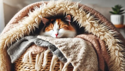 Obraz premium A detailed, close-shot image of a calico cat sleeping inside a cozy, fluffy blanket fort.