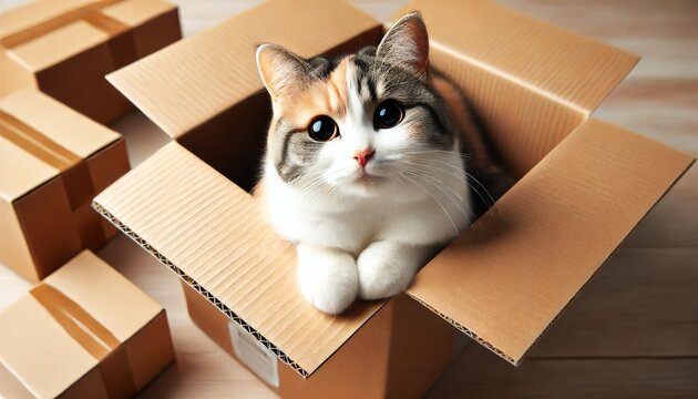 A detailed, close-shot image of a calico cat sitting inside a cardboard box, looking content.