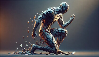 A detailed sculpture of a human figure assembling itself from broken pieces, representing recovery and resilience.