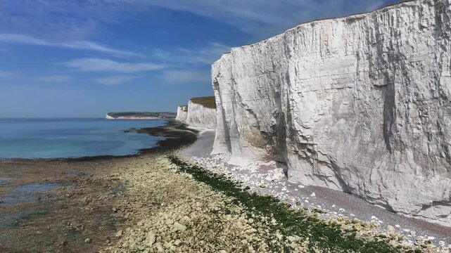Aerial view of white chalk cliffs at Seven Sisters, South Downs National Park, East Sussex, England, United Kingdom, Europe