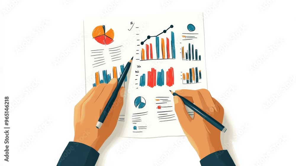Poster data-driven decisions: hands meticulously analyze vibrant charts and graphs, showcasing the power of