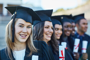 Woman, graduation and certificate with portrait, line and happy for achievement, progress or...