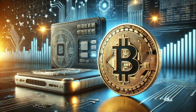 A close-up image of a Bitcoin coin next to a digital wallet, highlighting the concept of digital currency storage.