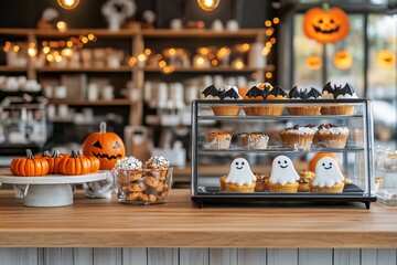 A beautifully decorated autumn bakery display featuring festive Halloween treats, pumpkins, and charming ghost cupcakes.