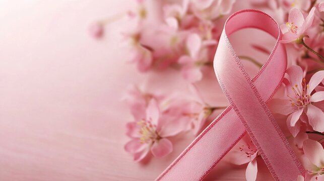 A beautiful pink ribbon surrounded by delicate pink flowers, symbolizing support, hope, and awareness in a gentle setting. breast cancer. - Powered by Adobe