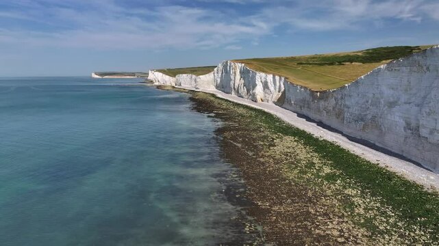 Aerial view of white chalk cliffs at Seven Sisters, South Downs National Park, East Sussex, England, United Kingdom, Europe
