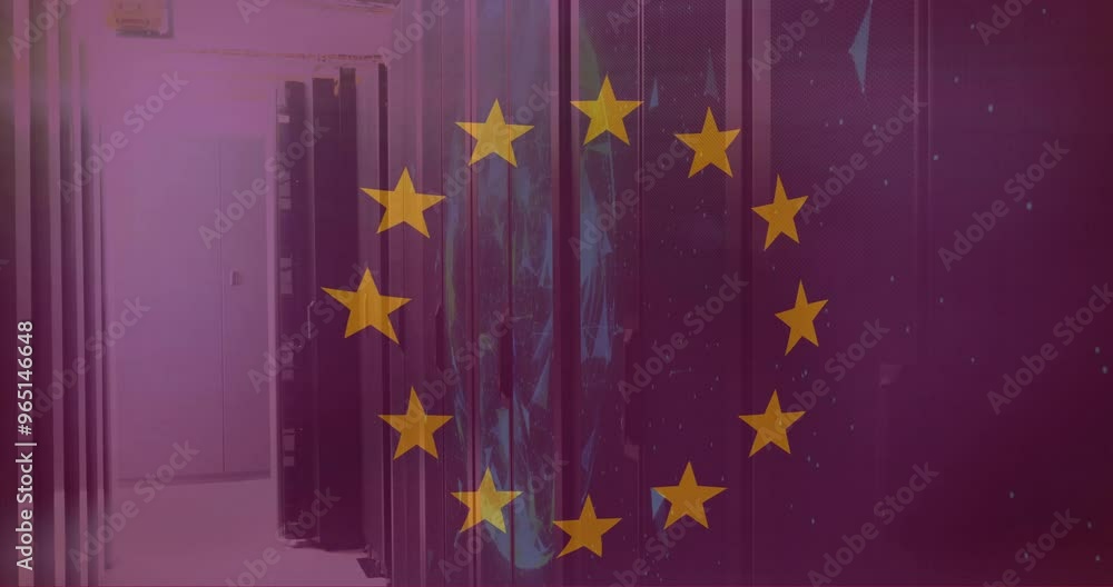 Poster animation of flag of eu and globe over server room