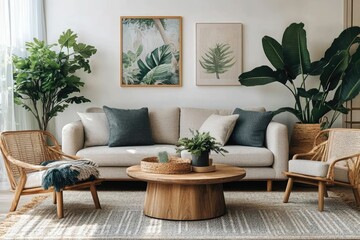 Cozy living room with plants and natural decor.