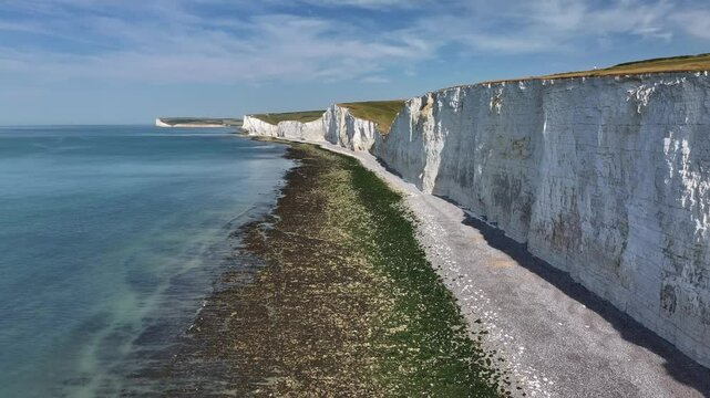 Aerial view of white chalk cliffs at Seven Sisters, South Downs National Park, East Sussex, England, United Kingdom, Europe