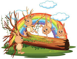 Playful Rabbits Under a Rainbow