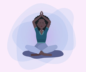 African American woman with hands up meditating. Pretty woman sitting in lotus pose flat vector illustration. Yoga, stress relief, recreation concept for banner, website design or landing page