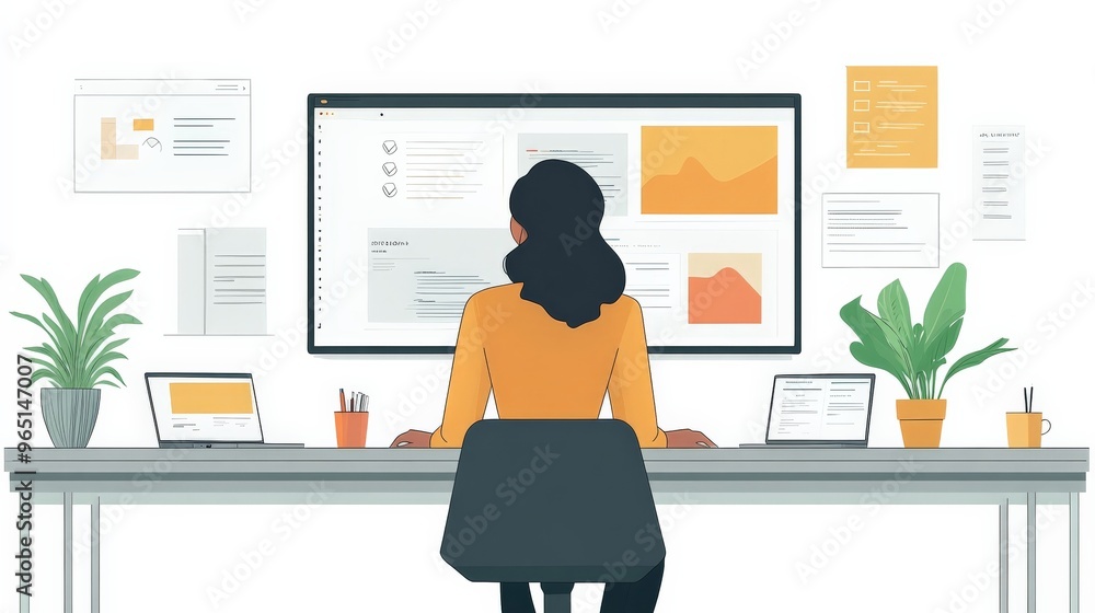 Poster data insights: a focused professional analyzes charts and data on a large monitor in a modern, organ