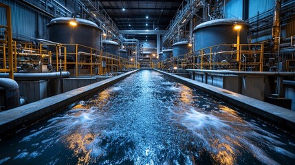 Industrial water facility with machinery and illuminated tanks, showcasing clear water flow and advanced technology in a modern setting.
