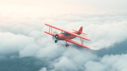 A vibrant orange biplane soaring above fluffy clouds in the sky.