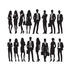 silhouettes of men and a women, a group of business people, black color isolated on white background ,flat line vector and illustration.