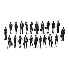 silhouettes of men and a women, a group of business people, black color isolated on white background ,flat line vector and illustration.