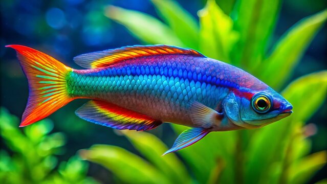 A striking blue-eyed forktail rainbow wrasse swims beside a coral reef, its iridescent scales glimmering in the