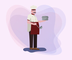 Chef in uniform with saucepan and ladle. Restaurant staff flat vector illustration. Cooking, catering, kitchen, occupation concept for banner or website design