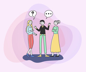 Colleagues discussing new business project or news. Man and women chatting with dialog bubbles. Vector illustration for communication, conversation, discussion concept