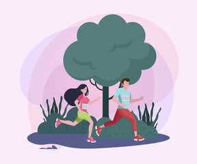 Couple running in park flat vector illustration. Athletes jogging in morning. Activity, lifestyle, morning, family concept for banner, website design or landing page
