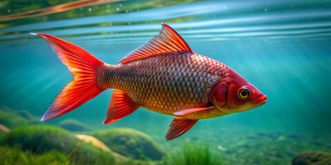 Fototapeta premium A stunning red ear fish glides effortlessly through the crystal-clear waters of the freshwater lake, its vibrant scales