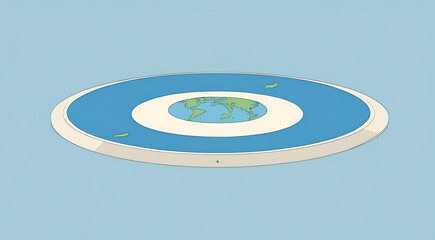 A minimal illustration of a flat Earth concept, with a simple, flat disc representing the world. The illustration includes basic landmasses and a thin line surrounding the edges 