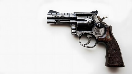 A close-up of a silver revolver with a wooden handle on a white background.