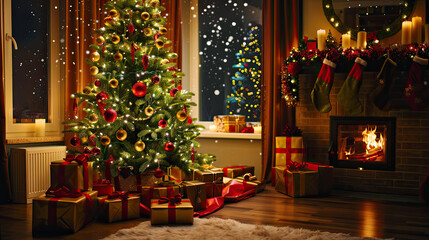 Festive Christmas Tree with Glistening Ornaments, Gifts, and a Warm Fireplace Glow