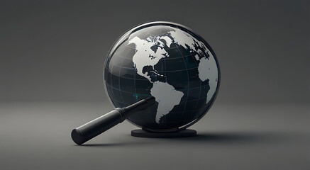 Fototapeta premium A minimal illustration of a globe with a magnifying glass over it, highlighting a small area, representing the concept of hidden truths about world events or government surveillance. 