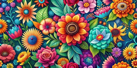 A Lush Garden of Vibrant Flowers, Digital Illustration, Colorful Floral Pattern, Blue Background, Floral Art, Flower Design, Botanical Art