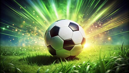Naklejka premium * A stylish poster combines a lush green field, vibrant soccer ball, and dynamic action shots, creating an
