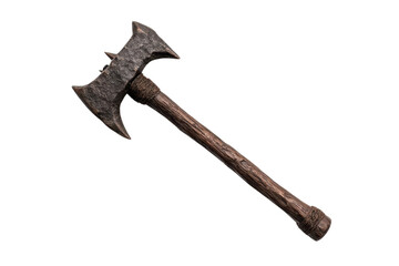 A rustic double-headed axe with a wooden handle, perfect for use in historical or outdoor-themed projects and illustrations.
