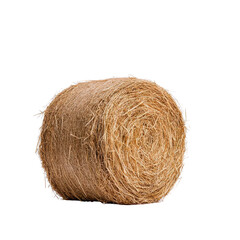 A single round hay bale isolated on a white background, showcasing its natural texture and golden color, ideal for agricultural themes.