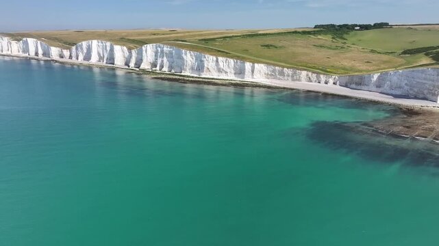 Aerial view of white chalk cliffs at Seven Sisters, South Downs National Park, East Sussex, England, United Kingdom, Europe