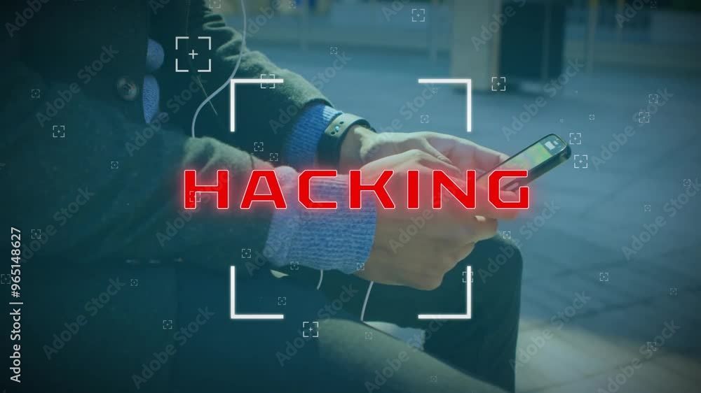 Poster animation of hacking text over caucasian man using smartphone